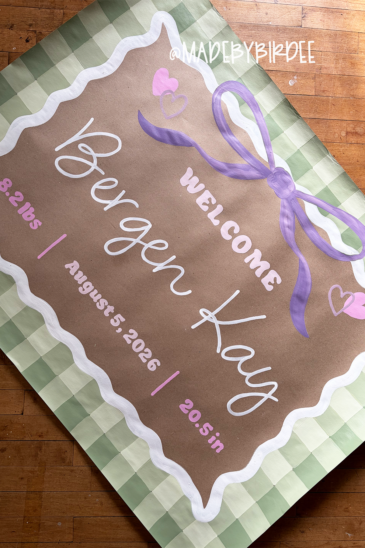 Green Gingham Baby Stats Banner