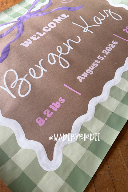 Green Gingham Baby Stats Banner