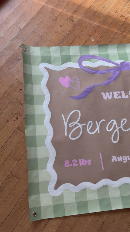 Green Gingham Baby Stats Banner